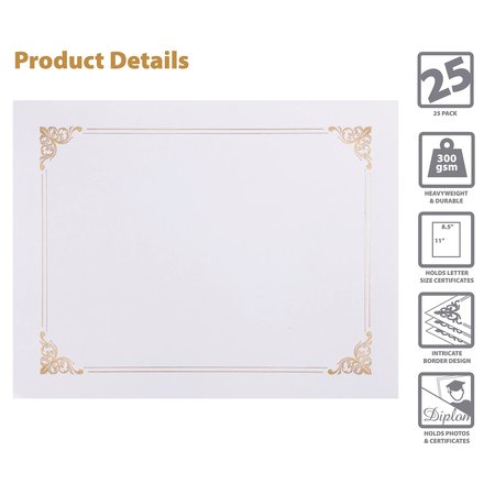 Better Office Products White Certificate Holders, Diploma Holders, Document Covers with Gold Foil Border, 25PK 65259